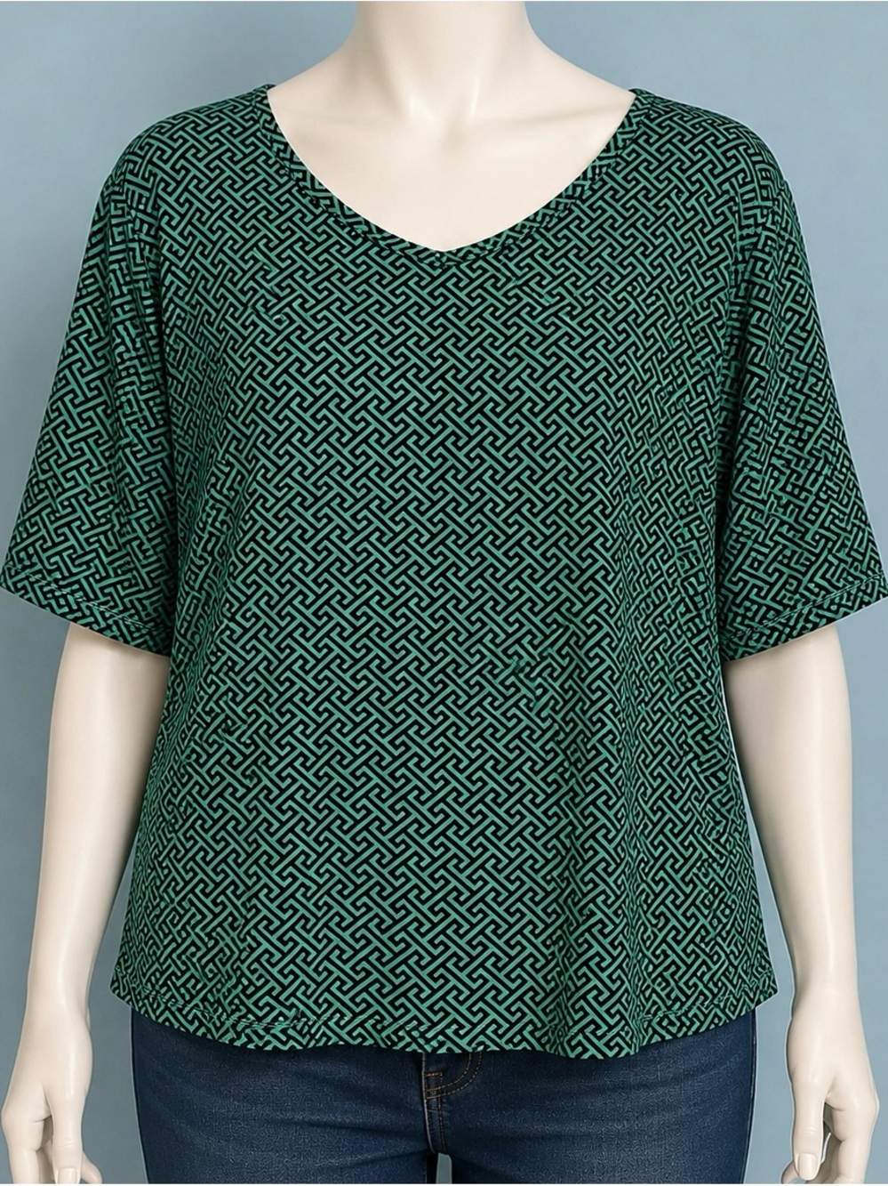 Ashley Blue Green Geometric V-Neck Short Sleeve Top